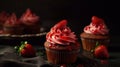 Strawberry Cupcakes with Cream Cheese Frosting and Coulis. Generative AI