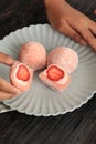 Strawberry Daifuku or Ichigo Daifuku Mochi, Japanese Pink Mochi Royalty Free Stock Photo