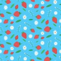 Seamless pattern with strawberry, white daisy and leaves on blue background.