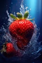Strawberry in dark indigo style. Hyper realistic photo of fresh strawberry falling into water.