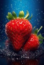 Strawberry in dark indigo style. Hyper realistic photo of fresh strawberry falling into water.