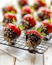 Strawberry dessert, Dark chocolate covered strawberries, fresh strawberries dipped in melted dark chocolate sprinkled with sesame Royalty Free Stock Photo