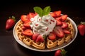 Strawberry dessert with fresh baked waffles whipped cream by Generative Ai Royalty Free Stock Photo