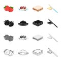 Strawberry, dessert with jam, food sandwich with chocolate, buttering with knife.Fruit and dessert set collection icons