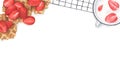 Strawberry desserts background with waffles and strawberry yogurt. Top view with copy space for your text