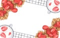 Strawberry desserts background with waffles and strawberry yogurt. Top view with copy space for your text