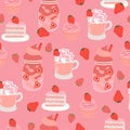Strawberry desserts in pink colors seamless pattern. Vector graphics