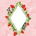 Strawberry diamond border. Vector illustration of strawberry text frame with leaves