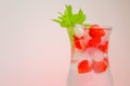 Strawberry drink.Summer drinks.Refreshing cocktail. water in glass with ice and strawberries. Mineral water with ice and Royalty Free Stock Photo