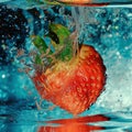 Strawberry dropped into water with splash and bubbles on blue background. Royalty Free Stock Photo
