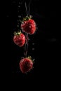 Strawberry Fall In Water, Red Fruit Splash, Juicy Strawberry Falling With Splash on Black Background