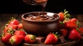 A strawberry falling into a bowl of chocolate fondue