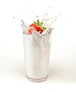 Strawberry falling into a glass of milk creating a splash. Royalty Free Stock Photo