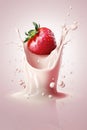 A strawberry is falling into a milk splash. Generative AI image. Royalty Free Stock Photo