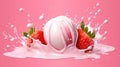 strawberry falling into milk splash on pink background. Generative ai Royalty Free Stock Photo