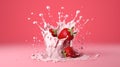 strawberry falling into milk splash on pink color background Generative ai Royalty Free Stock Photo