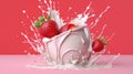 strawberry falling into milk splash on pink color background. Generative ai Royalty Free Stock Photo