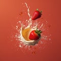 Strawberry falling into a milk splash on a red background. Copy space, space for text. Royalty Free Stock Photo