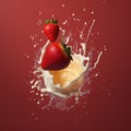 Strawberry falling into a milk splash on a red background. Copy space, space for text. Royalty Free Stock Photo