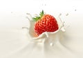 Strawberry falling into milk splashing.