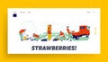Strawberry Farm Workers Care, Picking and Loading Fresh Berries Landing Page Template. Immigrants on Strawberry on Field