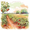strawberry field cartoon illustration, simple 2d digital art