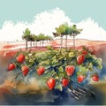 strawberry field cartoon illustration, simple 2d digital art