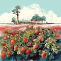 strawberry field cartoon illustration, simple 2d digital art