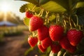 Strawberry field at golden hour Ripe red strawberries on branch Royalty Free Stock Photo