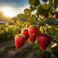 Strawberry field at golden hour Ripe red strawberries on branch Royalty Free Stock Photo