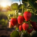 Strawberry field at golden hour Ripe red strawberries on branch Royalty Free Stock Photo