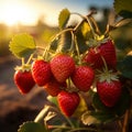 Strawberry field at golden hour Ripe red strawberries on branch Royalty Free Stock Photo