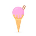 Strawberry flavor ice cream icon isolated on white background. Waffle cone with icecream ball. Flat cartoon vector illustration. Royalty Free Stock Photo