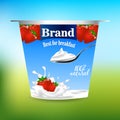 Strawberry flavor yogurt ad, with milk splashing and strawberry elements, 3d illustration Royalty Free Stock Photo