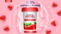 Strawberry flavor yogurt ad, with yogurt splashing and waves and floating strawberry elements Royalty Free Stock Photo