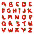 Strawberry font. Berry alfabet. Letters from red fruits. Soft funny cartoon hand drawn kids bright illustratio for lettering