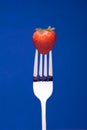 Strawberry on Fork - blue background Royalty Free Stock Photo