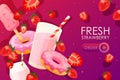 Strawberry fresh dessert, drink and food, website vector illustration. Fruit berry sweet cocktail, ice cream and donuts.