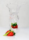 Strawberry fruit drops onto a wine glass, freeze motion of the water splash, white background Royalty Free Stock Photo