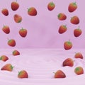 Strawberry fruit fall into pink cream 3D render illustration