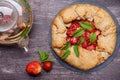 Strawberry galette. Homemade healthy wholegrain berry open pie. Fruit tart. Top view