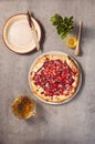 Strawberry galette served with herbal tea, honey and mint. Top view Royalty Free Stock Photo