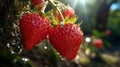 Strawberry in the garden with dew drops. Fresh strawberries