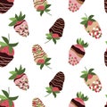 Strawberry in glaze, chocolate, sprinkle. Seamless repeat pattern. Vector, flat