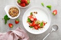 Strawberry granola with greek yogurt, nuts and fresh berries for breakfast, top view Royalty Free Stock Photo