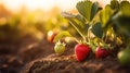 Strawberry growing on the field at sunset, close-up