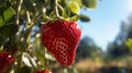 Strawberry growing in the garden. Close-up of a strawberry on a branch