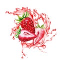 Strawberry and half of berries in the splash of red juice Royalty Free Stock Photo