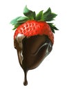 Strawberry half covered by liquid chocolate dripping.