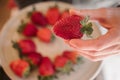 Strawberry in hand. Close up view of ripe fresh strawberries. Royalty Free Stock Photo